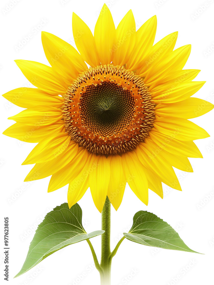 Naklejka premium Single sunflower with bright yellow petals and green leaves on a white background. PNG transparent.