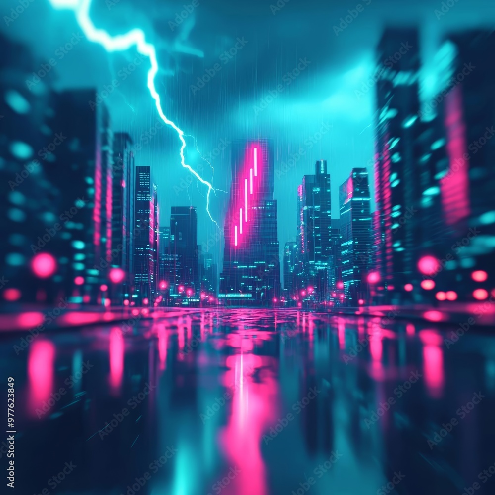 Fototapeta premium Electric blue lightning storm over a futuristic urban landscape, stormy sky glowing with electric flashes, wet streets reflecting city lights