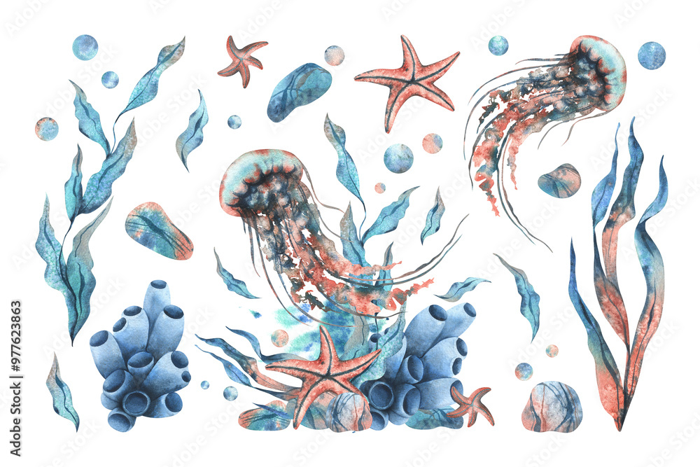 Fototapeta premium Underwater world clipart with sea animals jellyfish, starfish, pebbles, bubbles, coral, sponge and algae. Hand drawn watercolor illustration. Set of elements isolated from the background