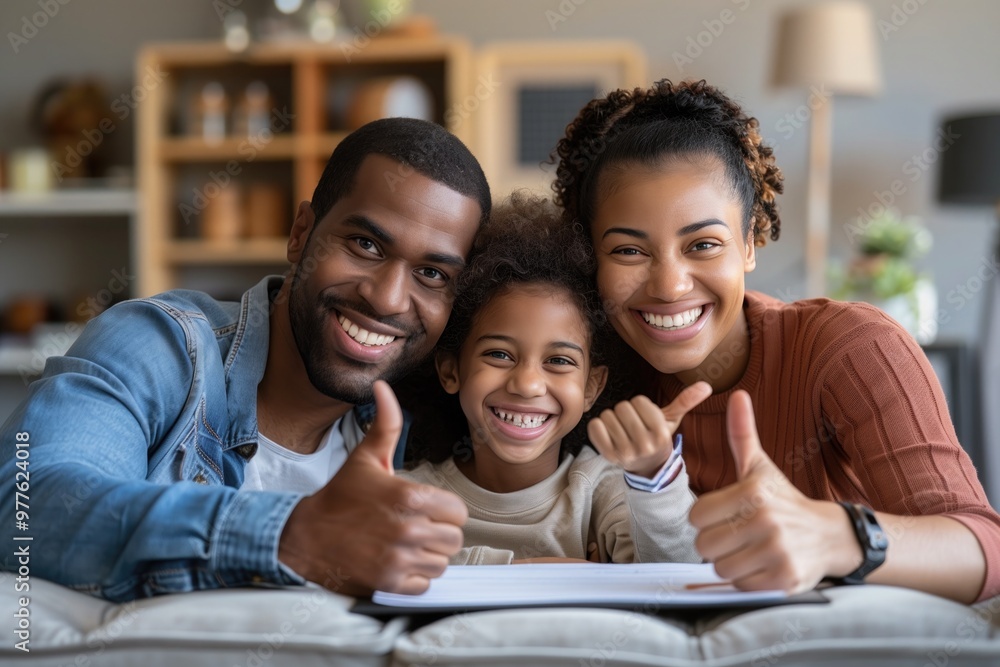 A family smiling and giving thumbs up after signing the mortgage papers for their new home, depicting satisfaction with their choice - A family smiling and giving thumbs up after signing the mortgage papers for their new home, depicting satisfaction with their choice -