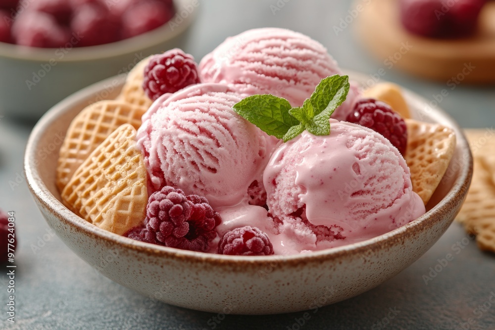 Delicious ice cream with berries in bowl on table, closeup. Delicious ice cream with berries in bowl on table, closeup.