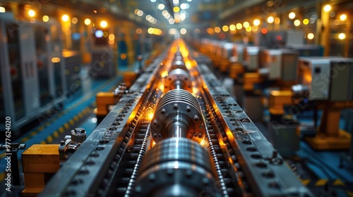 A group of engineers in a factory setting, calibrating machines and ensuring production lines are optimized  