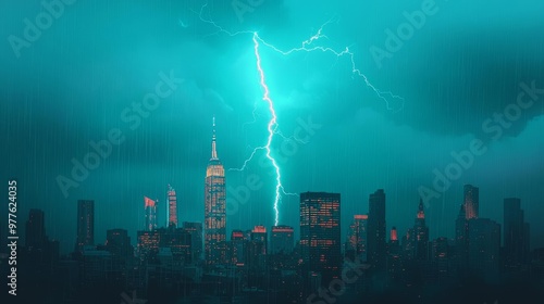 Fierce lightning storm over a neon-lit cityscape, electric blue flashes casting reflections on skyscraper windows, stormy night scene photo