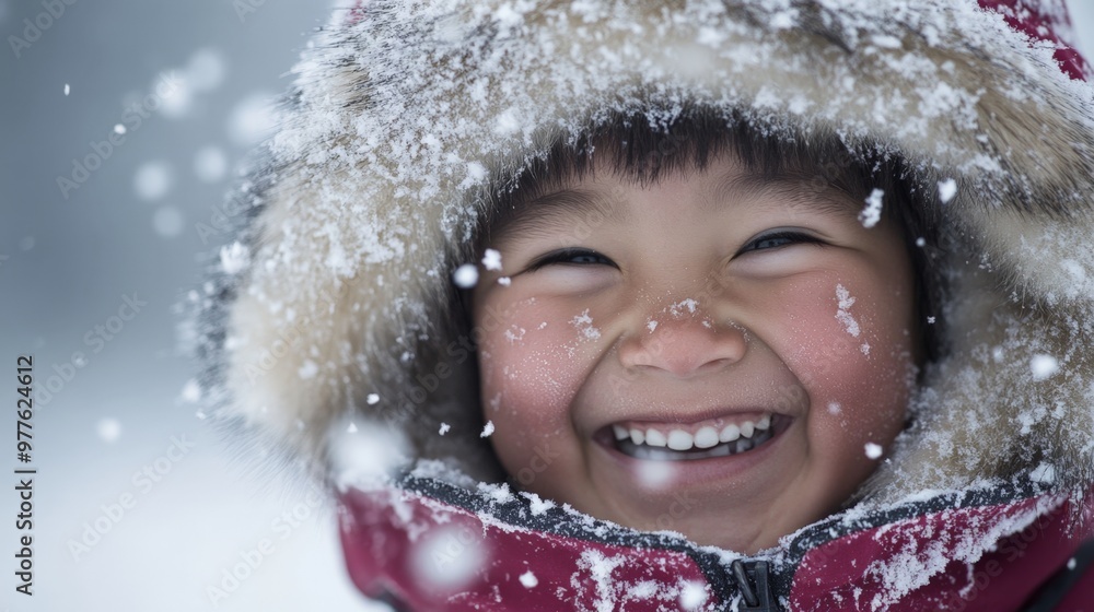 Close-up candid portrait of a young Inuit child laughing while playing in the snow, bundled up in traditional winter clothing, with snowflakes clinging to their fur hood Close-up candid portrait of a young Inuit child laughing while playing in the snow, bundled up in traditional winter clothing, with snowflakes clinging to their fur hood
