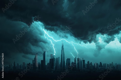 Storm clouds swirl over a futuristic urban landscape, electric blue lightning arcing across the sky, city lights shining bright photo