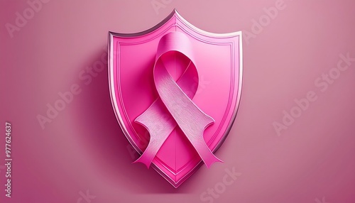 Breast Cancer Awareness Shield Emblem. Bold Pink Crest with Angular Edges and a Ribbon Accent, Designed for Awareness Month. Graphic art illustration