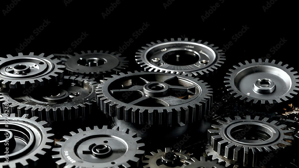 Close-up view of metal gears and cogwheels in industrial machinery. The complex mechanical system is engineered for precision and durability Close-up view of metal gears and cogwheels in industrial machinery. The complex mechanical system is engineered for precision and durability