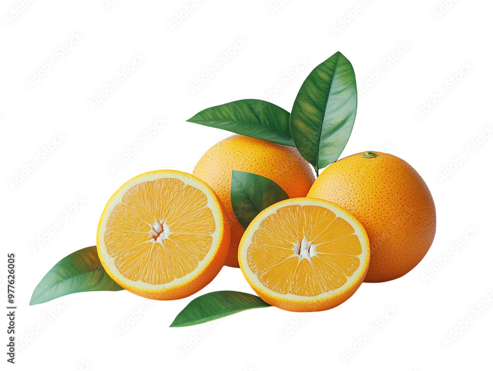 Ripe oranges with green leaves, some sliced, on white background. PNG transparent. Ripe oranges with green leaves, some sliced, on white background. PNG transparent.