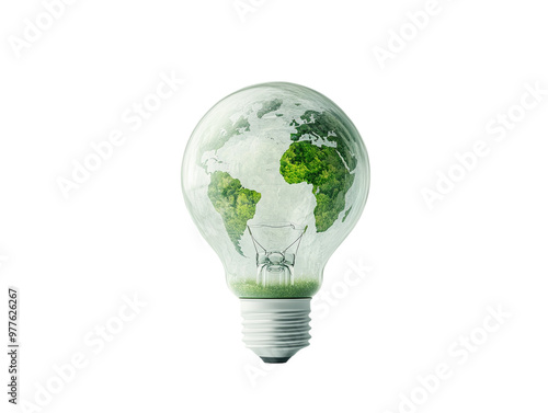 Lightbulb with green world map symbolizing eco-friendly energy on white background. PNG transparent.