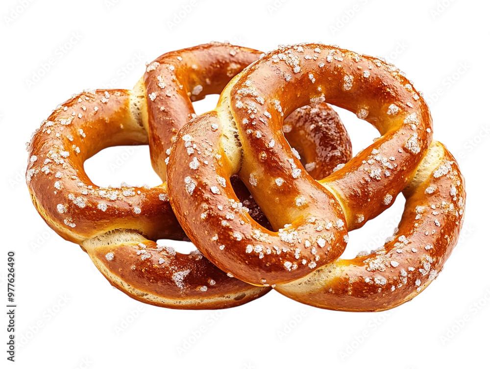 Golden-brown pretzels with salt crystals on white background. PNG transparent. Golden-brown pretzels with salt crystals on white background. PNG transparent.