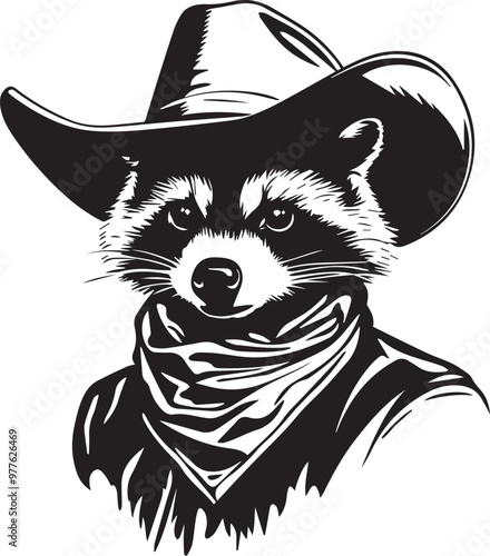 black and white western raccoon wearing hat