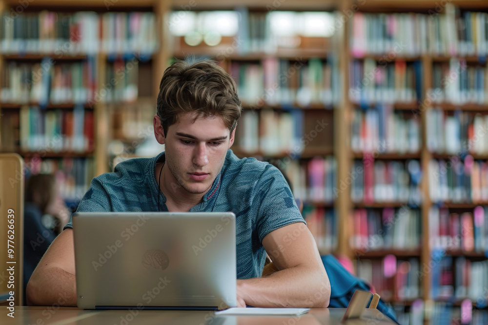 A man is sitting at a table in a library, using a laptop, A man is sitting at a table in a library, using a laptop,