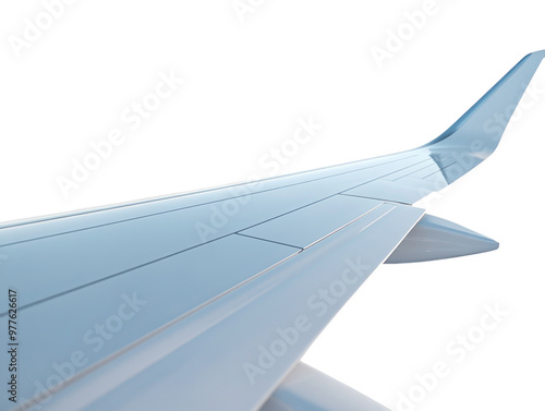 Airplane wing extending into sky on white background. PNG transparent.
