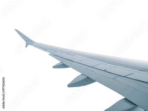 Airplane wing extending into sky on white background. PNG transparent.