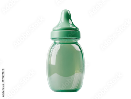 Green baby bottle with silicone nipple on white background. PNG transparent.