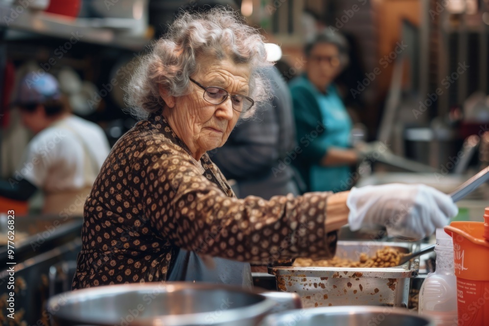 An elderly woman prepares food in a dining room An elderly woman prepares food in a dining room