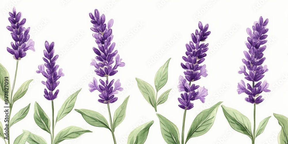 Fototapeta premium Beautiful lavender flower pattern with soft purples and greens, botanical style