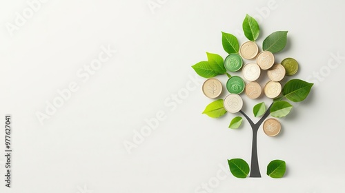 Coins forming into a tree, concept of financial growth through green investing, sustainability, eco-finance