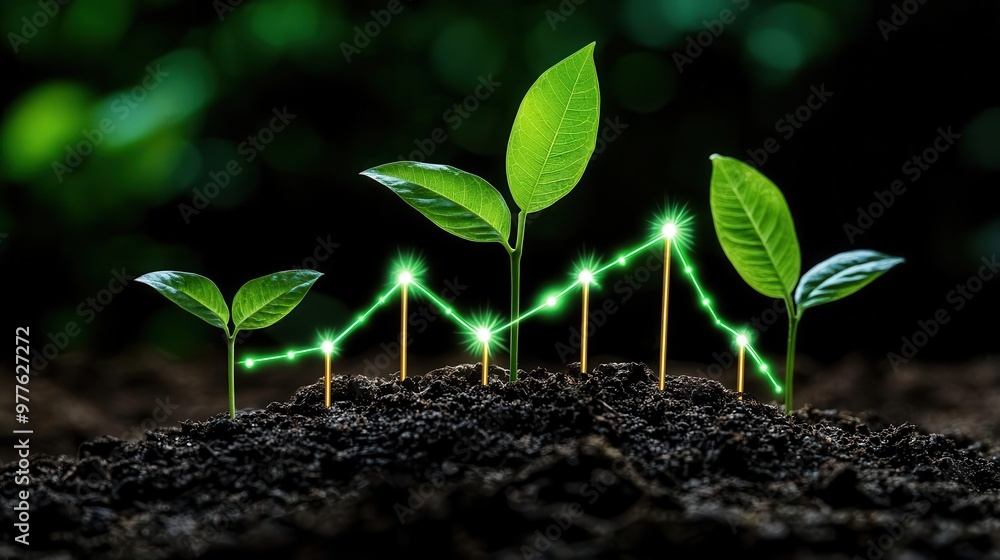 Fototapeta premium Financial growth chart rising from a forest of leaves and renewable energy symbols, green investing, sustainable finance, eco-conscious growth