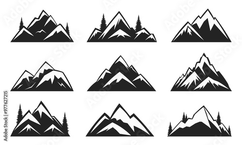 Mountain logo icons set. Rocky mountain silhouettes. Vector illustration.