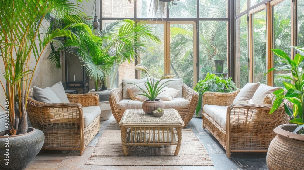 Cozy Living Room with Tropical Plants Cozy Living Room with Tropical Plants