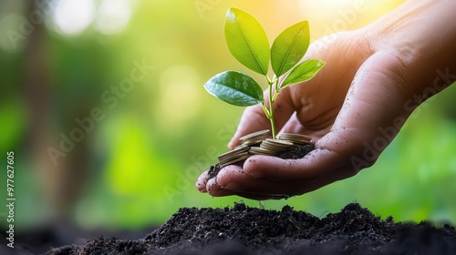 Hand nurturing a plant with coins as leaves, representing sustainable investment, green investing, eco-finance concepts