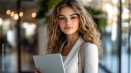 close up of beautiful face of woman with suit and ceo look, businesswoman