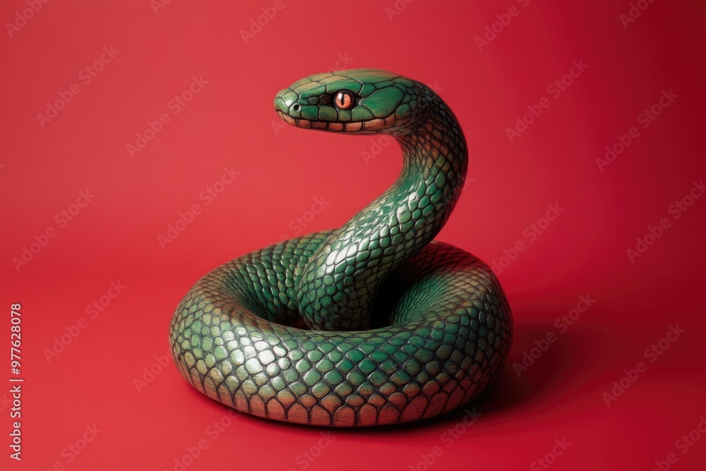 Fototapeta premium Chinese Traditional Wooden Green Snake Figurine on Red Background – Art Decor, Cultural Representation