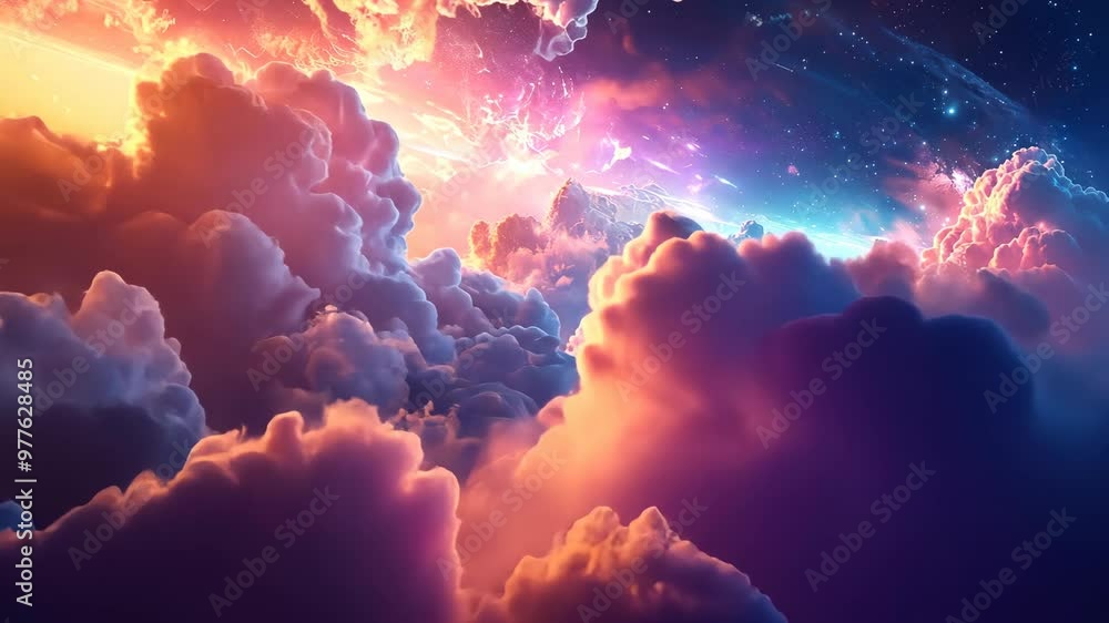 Exploring vibrant clouds and celestial lights during a stunning sunset over the horizon Exploring vibrant clouds and celestial lights during a stunning sunset over the horizon