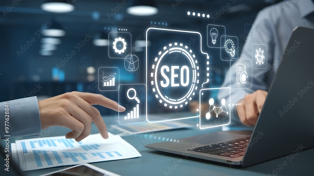 SEO, Search engine optimization, Businessman uses a laptop to analyze SEO, Website ranking, Search engine ranking SEO, Search engine optimization, Businessman uses a laptop to analyze SEO, Website ranking, Search engine ranking
