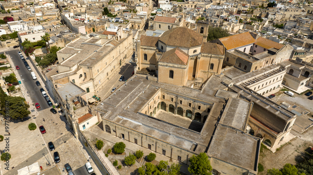 Fototapeta premium Aerial view of the Basilica of San Giovanni Battista al Rosario in Lecce, Puglia, Italy. It is a church in the historic center of the Apulian city, located near Porta Rudiae.