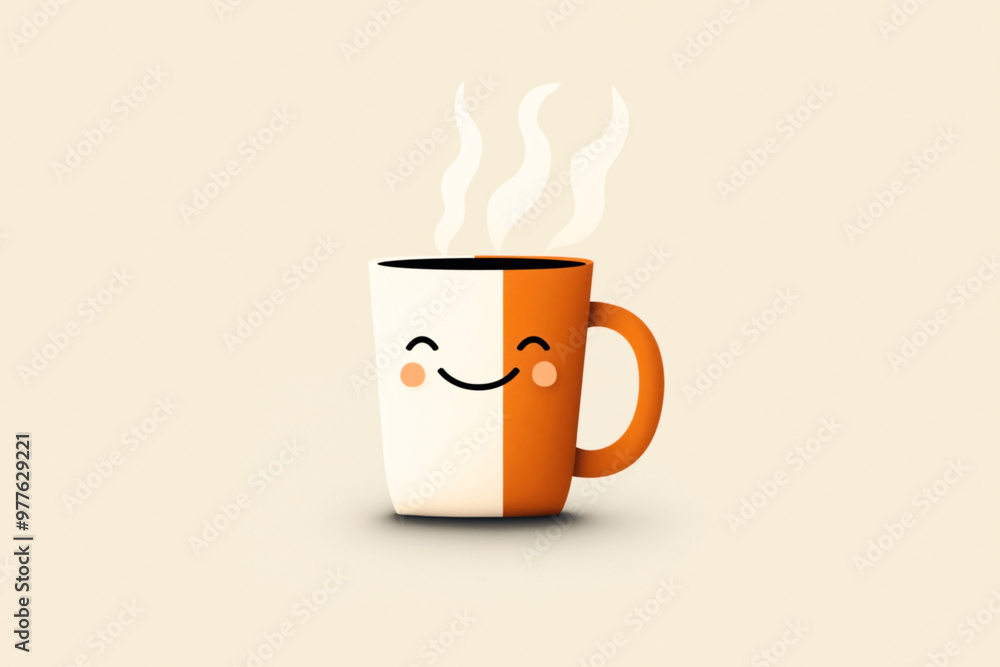 A cute, smiling, half-white and half-orange coffee mug with steam rising, set against a plain beige background. The mug has a cartoon-style face with closed eyes. A cute, smiling, half-white and half-orange coffee mug with steam rising, set against a plain beige background. The mug has a cartoon-style face with closed eyes.