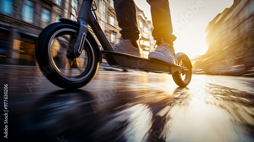 Close-up of a person riding an electric scooter on a city street during sunset - sustainable electric mobility concept