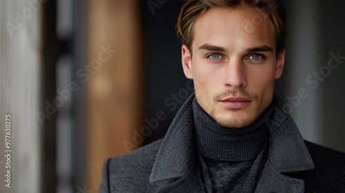 Stylish young man posing in a gray coat indoors