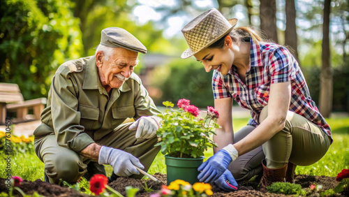 Fototapeta Naklejka Na Ścianę i Meble -  A veteran and woman are joyfully planting flowers in vibrant garden, showcasing teamwork and love for nature. Their smiles reflect satisfaction of gardening together