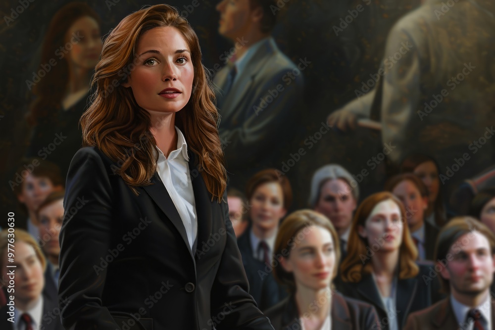 Obraz premium A photorealistic depiction of a confident businesswoman delivering a presentation to a captivated audience, her poise and expertise commanding attention