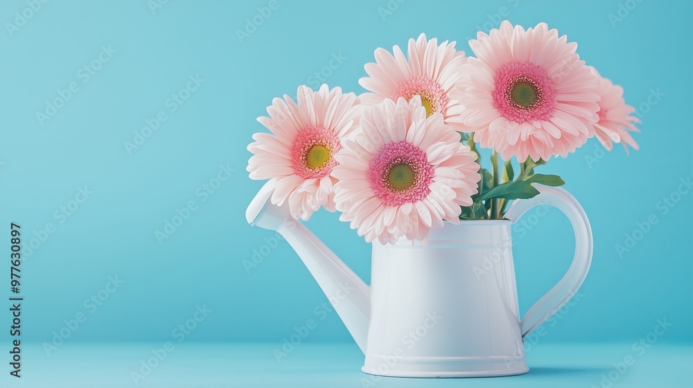 A white watering can with pink Gerbera daisies evokes spring against a vibrant blue background. A white watering can with pink Gerbera daisies evokes spring against a vibrant blue background.