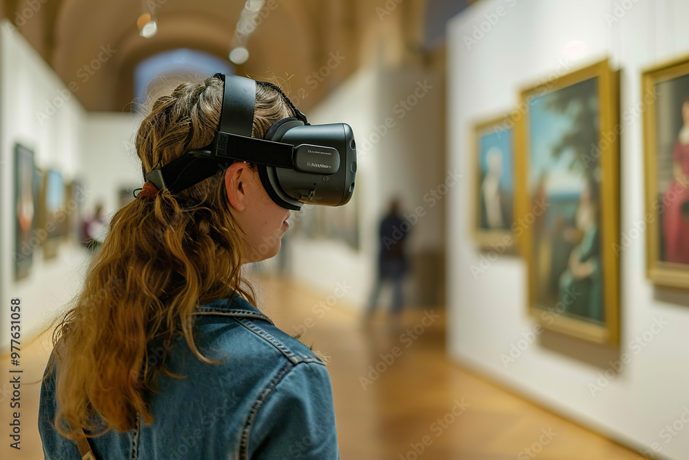 A woman wearing a virtual reality headset is looking at a museum, A woman wearing a virtual reality headset is looking at a museum,