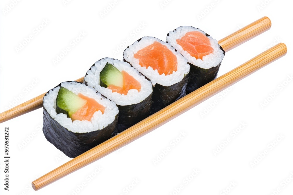 Appetizing sushi with salmon nigiri and vegetable maki roll with chopsticks on white background Appetizing sushi with salmon nigiri and vegetable maki roll with chopsticks on white background