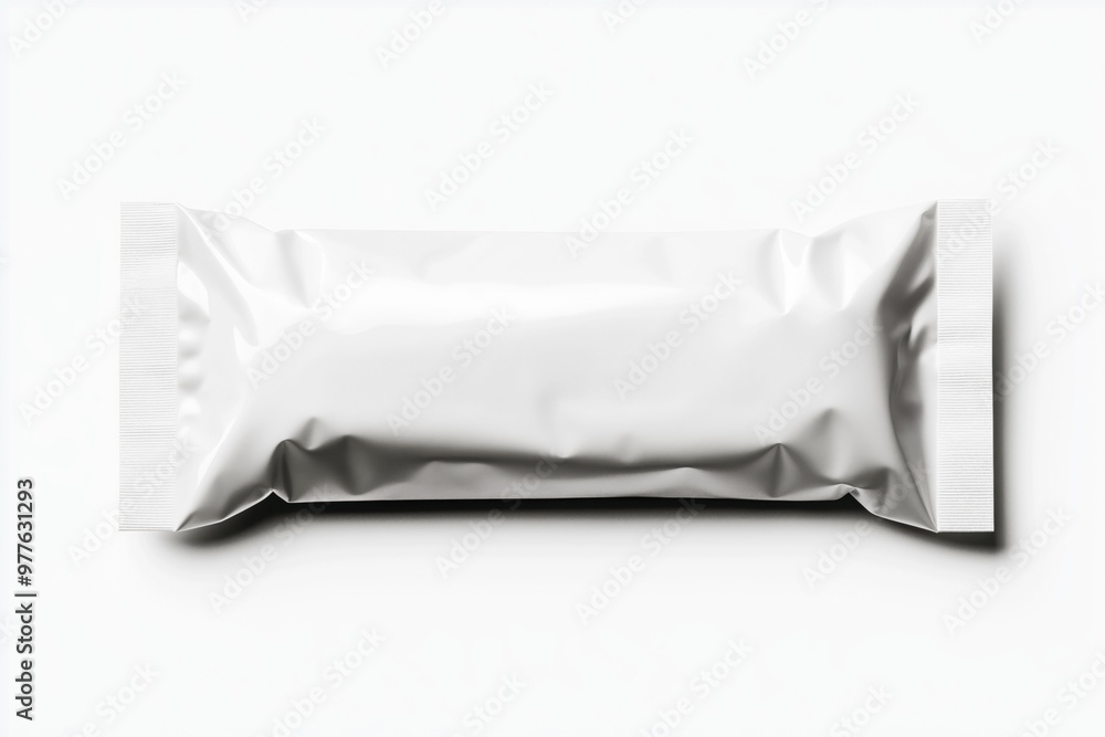 This image features a blank, white foil pouch mockup on a plain background. The packaging is crinkled and sealed on both ends, ideal for presenting snack or food products. This image features a blank, white foil pouch mockup on a plain background. The packaging is crinkled and sealed on both ends, ideal for presenting snack or food products.