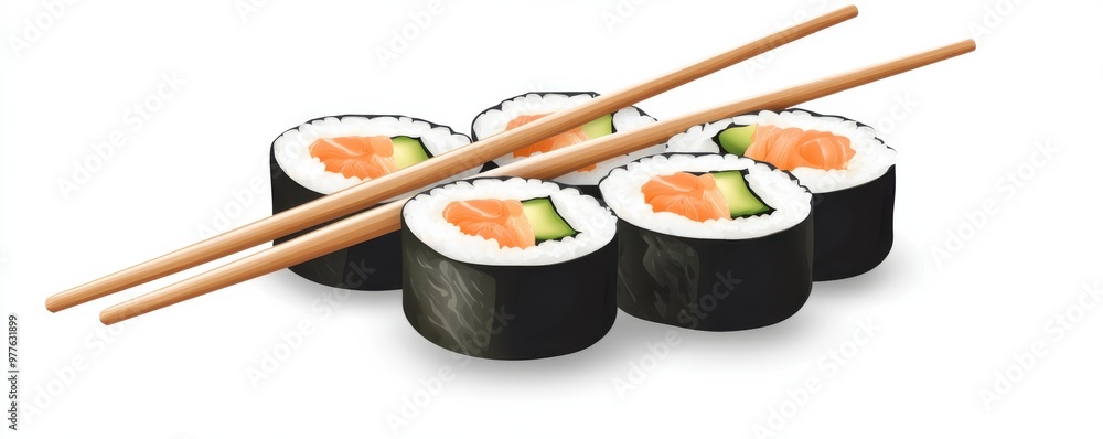 Delicious sushi rolls with salmon and cucumber served with traditional wooden chopsticks on a clean white background for an authentic Japanese dining experience Delicious sushi rolls with salmon and cucumber served with traditional wooden chopsticks on a clean white background for an authentic Japanese dining experience