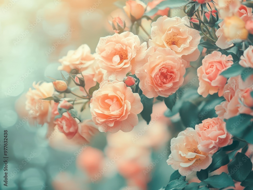 Peach roses blooming in a garden during a sunny afternoon