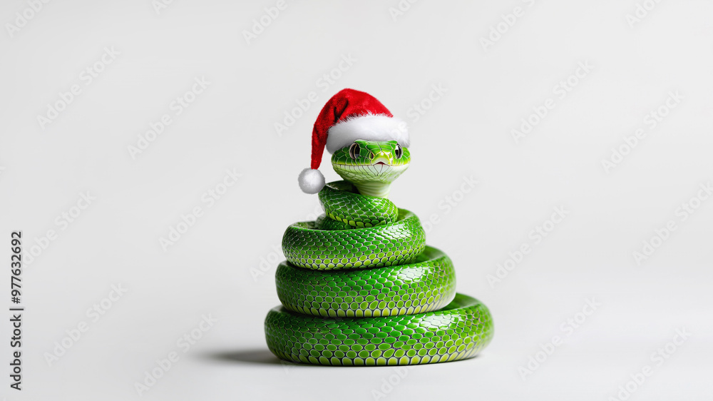 Happy little green snake as christmas tree wearing christmas santa claus hat. Funny dog enjoys christmas. Happy little green snake as christmas tree wearing christmas santa claus hat. Funny dog enjoys christmas.