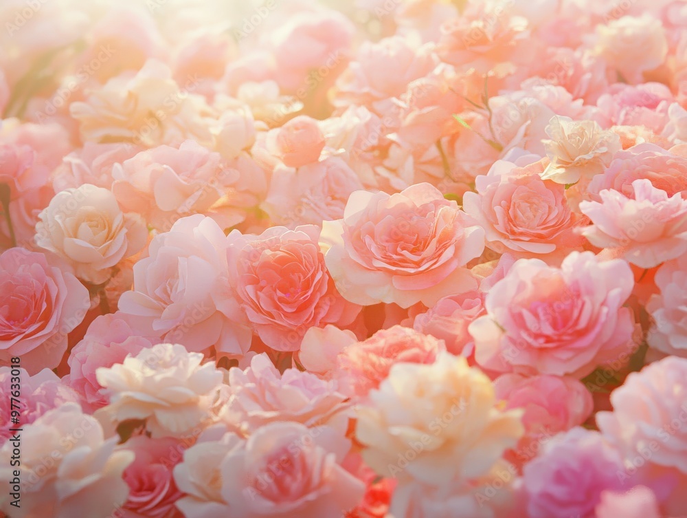 Pink roses blooming in a vibrant garden during golden hour light Pink roses blooming in a vibrant garden during golden hour light
