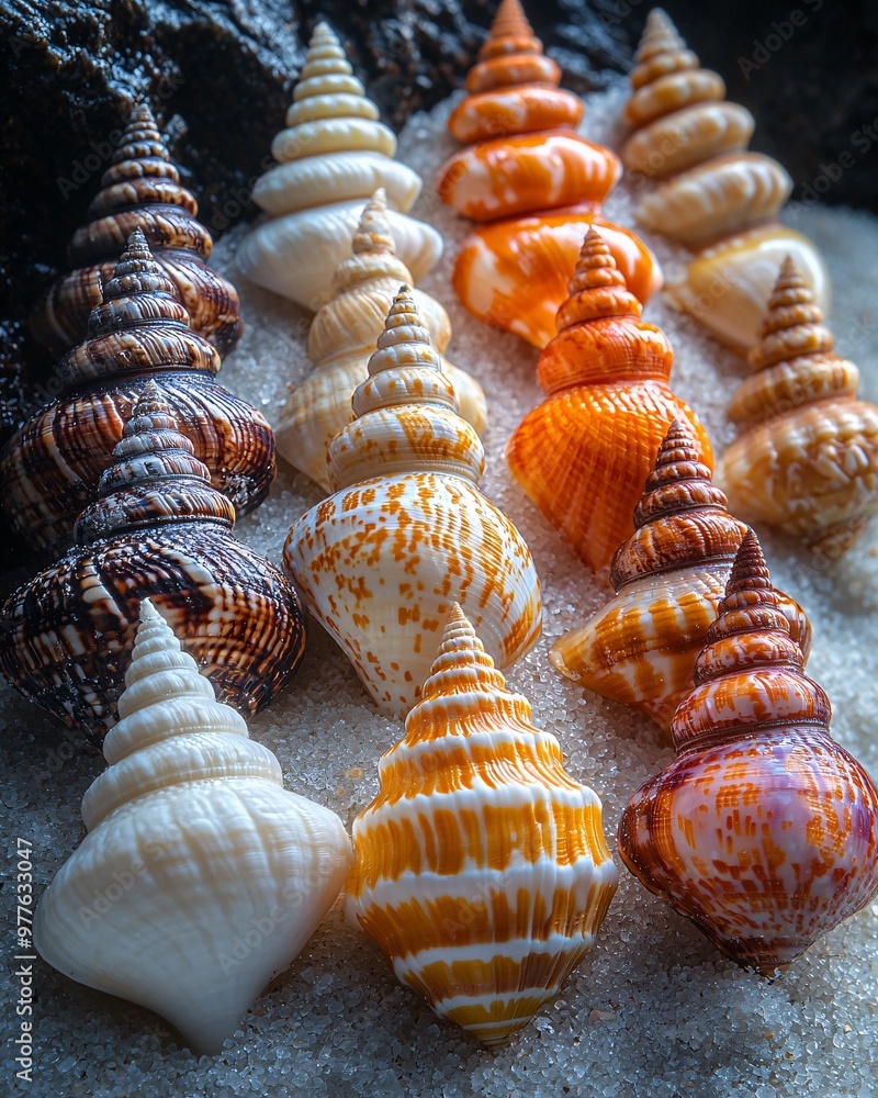A carefully arranged collection of various shells on white sand, placed in a straight line on a sandy beach A carefully arranged collection of various shells on white sand, placed in a straight line on a sandy beach