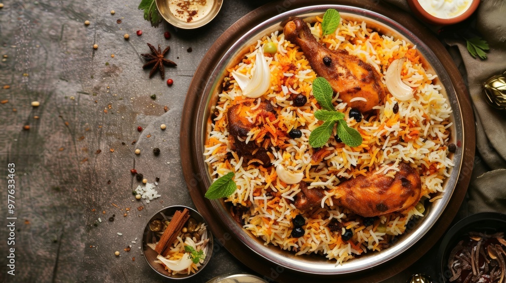 Iftar dishes, traditional Indian spicy dishes and spicy chicken biryani in silver karahi containers. Iftar dishes, traditional Indian spicy dishes and spicy chicken biryani in silver karahi containers.