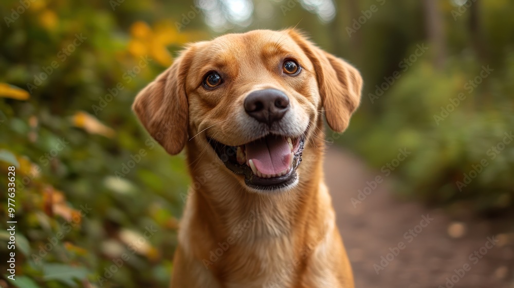 A cheerful dog smiling in a vibrant forest path, showcasing its friendly spirit and natural beauty amidst lush greenery. A cheerful dog smiling in a vibrant forest path, showcasing its friendly spirit and natural beauty amidst lush greenery.