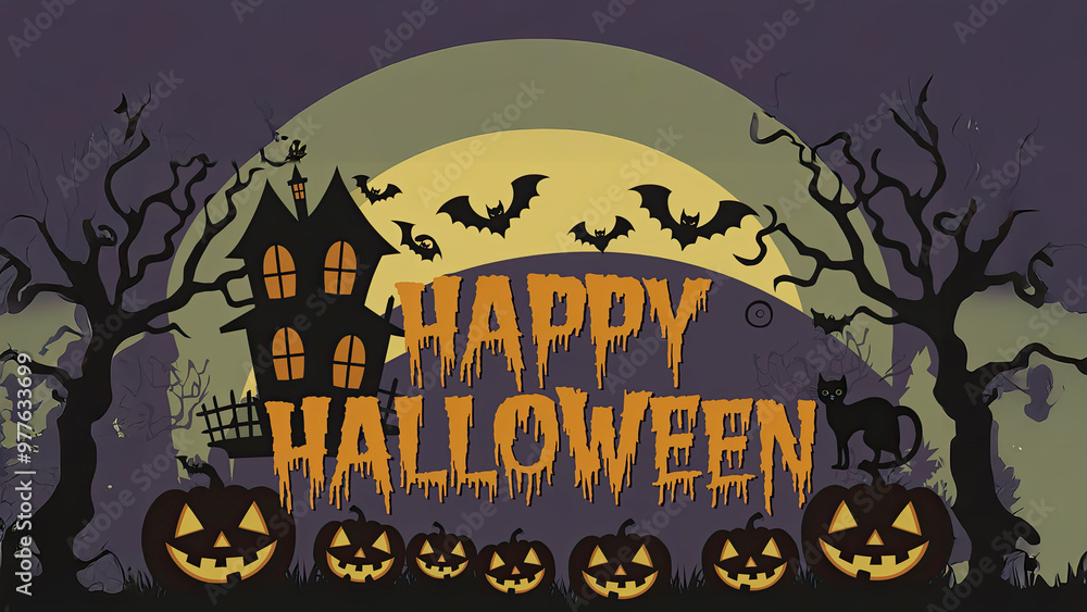 Haunted Halloween scene with bats flying around it. There are pumpkins with jack-o-lanterns, and a black cat, Text Happy Halloween, Great for Card design and posters, for that Halloween party. Haunted Halloween scene with bats flying around it. There are pumpkins with jack-o-lanterns, and a black cat, Text Happy Halloween, Great for Card design and posters, for that Halloween party.