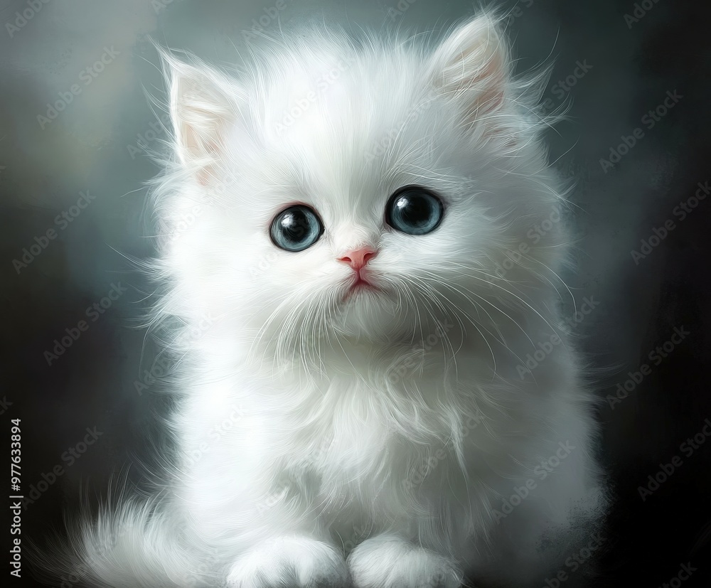 Fluffy white kitten with large eyes sitting on a dark background Fluffy white kitten with large eyes sitting on a dark background