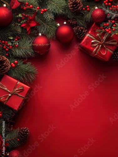 A festive red background with Christmas decorations like a fir tree wrapped presents cones berries and sparkly red balls There s room for text in this image. with copy space image